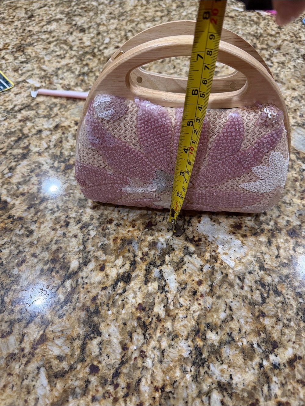Haute Hippie Pink Sequin Floral Clutch with Wooden Handle - Picture 10 of 10